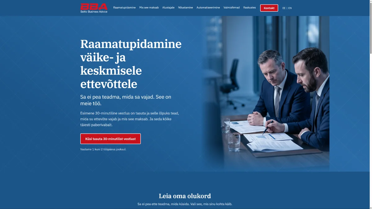 Baltic Business Advice koduleht kahes keeles, teenused esilehel.