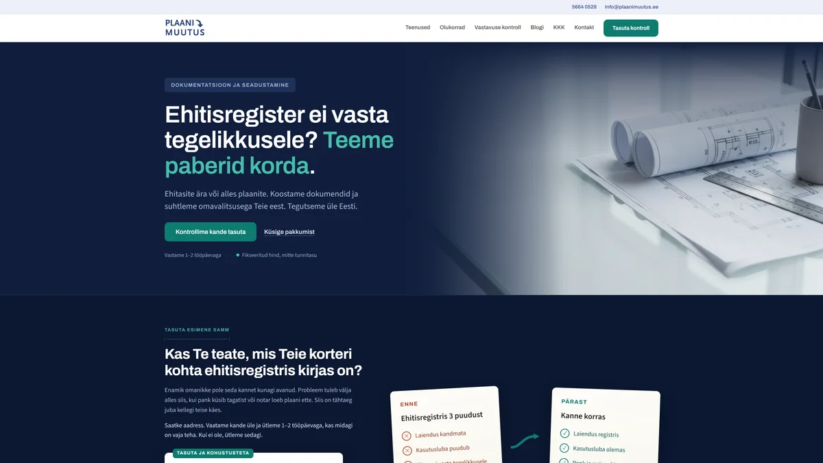 Plaanimuutuse koduleht, mille pealkiri küsib, kas ehitisregister vastab tegelikkusele.