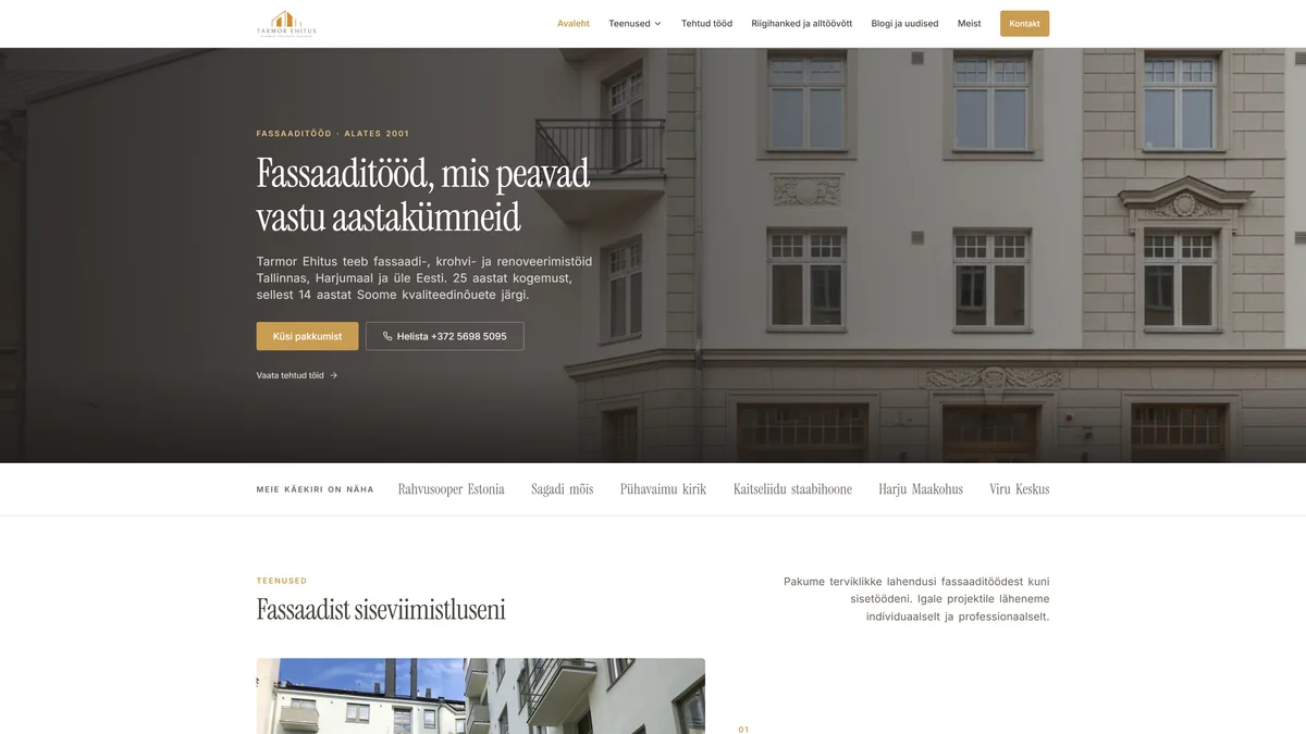 Tarmor Ehituse koduleht, kus kangelaspildiks on renoveeritud fassaad ja selle all rida tehtud objekte.