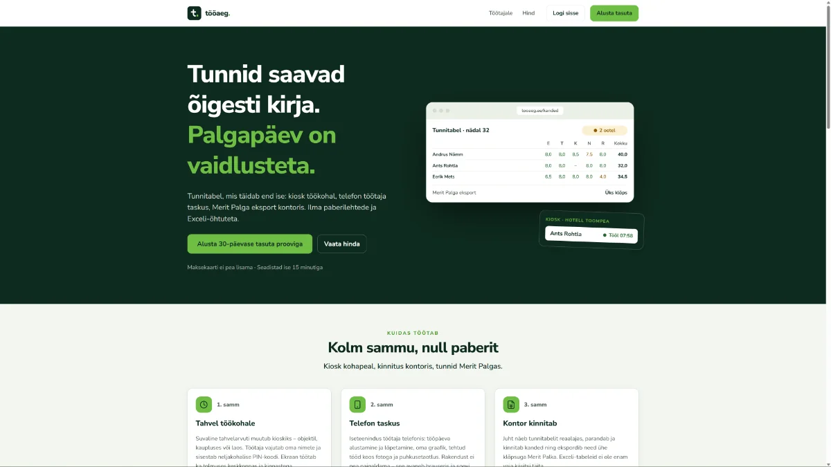 Tööaja koduleht, kus näidistunnitabelis on kaks kannet kinnitamise ootel.