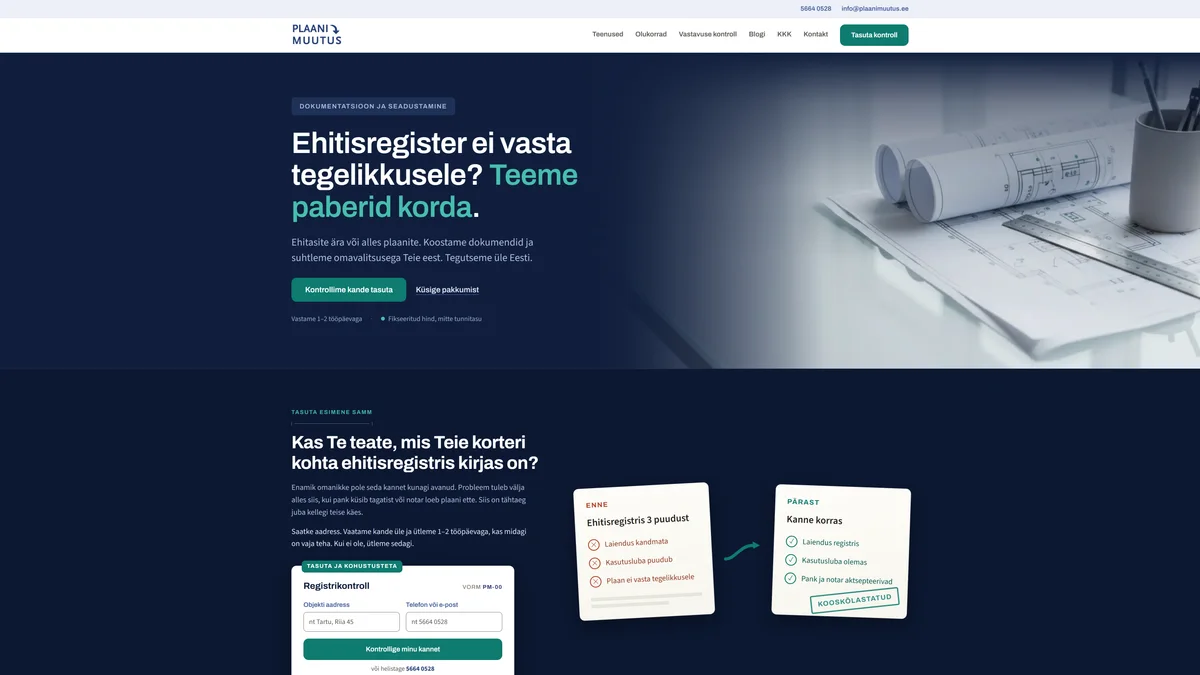 Plaanimuutuse koduleht, kus pealkiri lubab ehitisregistri paberid korda teha.