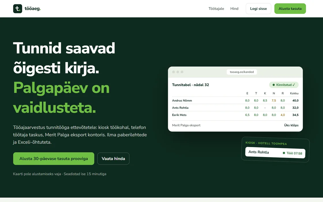 Tööaja tunnitabel, kus nädala tunnid on kinnitatud ja valmis palgaekspordiks.